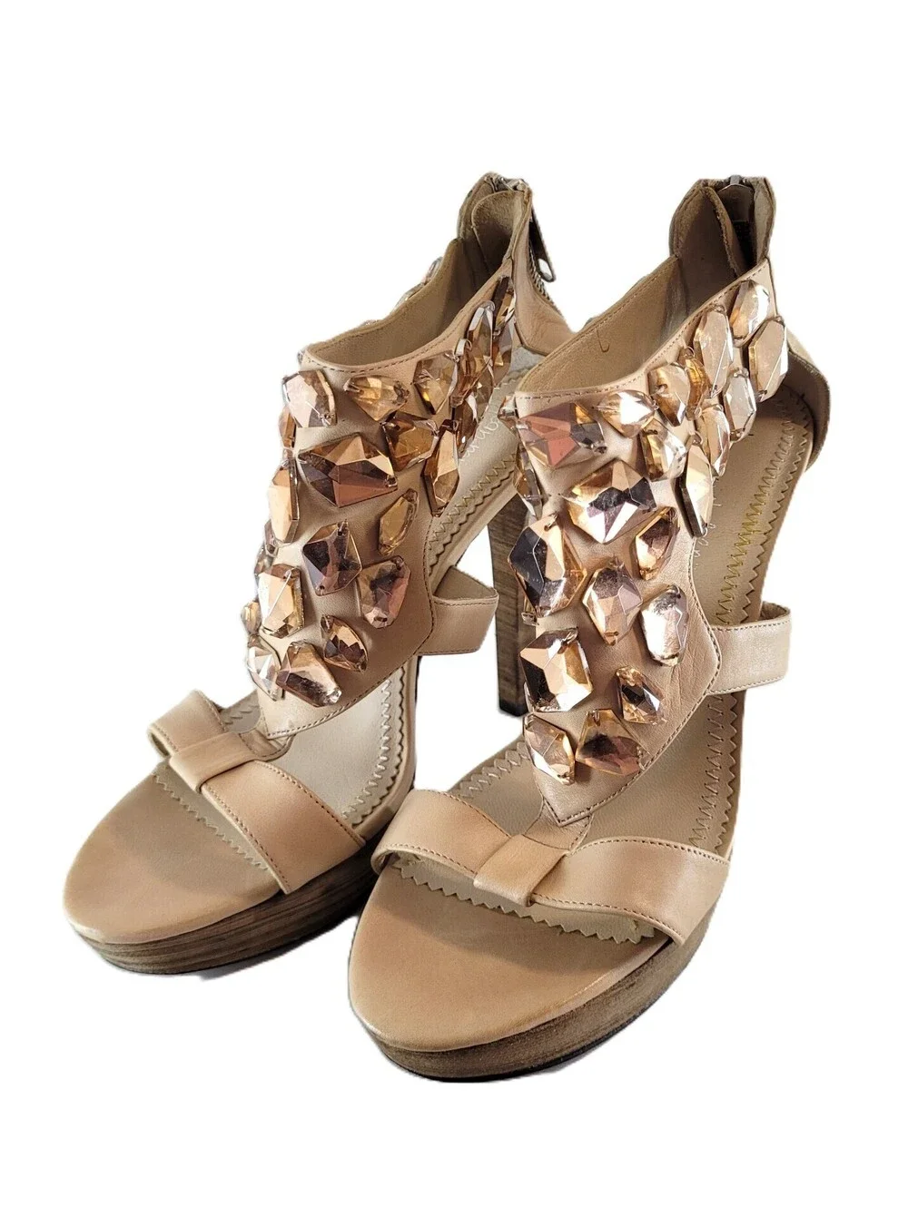 Jean-Michel Cazabat Women's EU 39 US 8.5 Nude Leather Crystal Embellished Heels